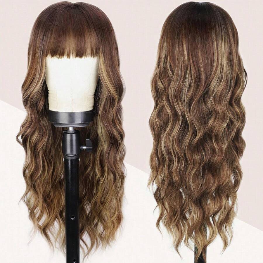 Ombre Highlight Human Hair Wig With Bangs Body Wave Wear And Go Glueless Highlights 4/27 Honey Blonde Brown Colored Blended Human Hair Wigs For Women - SP4/27 - Xem 1