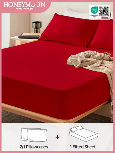 2/3pcs Solid Color Fitted Sheet Set, Includes 1 Fitted Sheet + 1/2 Pillowcases, Mattress Protector, Mattress Cover, 9.84 Inch/25cm Deep Pocket Fitted Sheet, Soft & Breathable, Fits Twin, Full, Queen, King Size Beds, Machine Washable, Oeko-Tex Certified