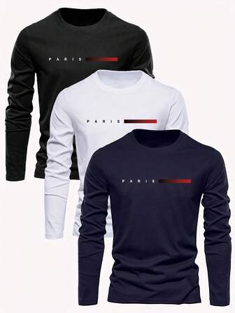 3pcs Boys & Teens Students Casual Printed Crew Neck Long Sleeve T-Shirts, Spring/Autumn