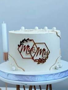 1 buc Eternal Pledge Elegant Mr. And Mrs. Golden Acrylic Cake Insert Card - Bright and Shining Interlock With Leaf Ornaments, Sweet Love Wedding Cake Decoration, Romantic Love Couple Souvenir - Aur - Vizualizare 1