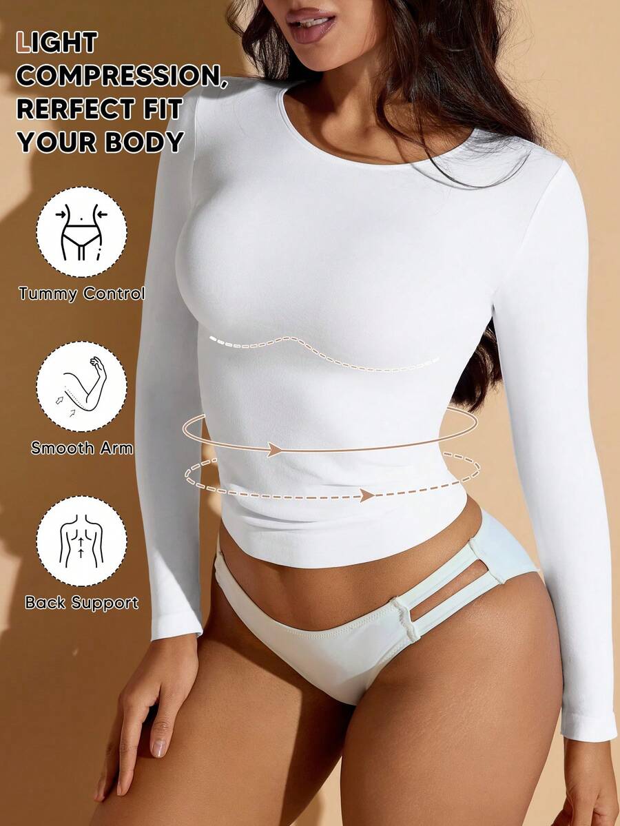 Women's White Crew Neck Long Sleeve T-Shirt, High Elasticity Fabric, Mild Shaping Waist, Regular Length Casual Spring - White - View 1