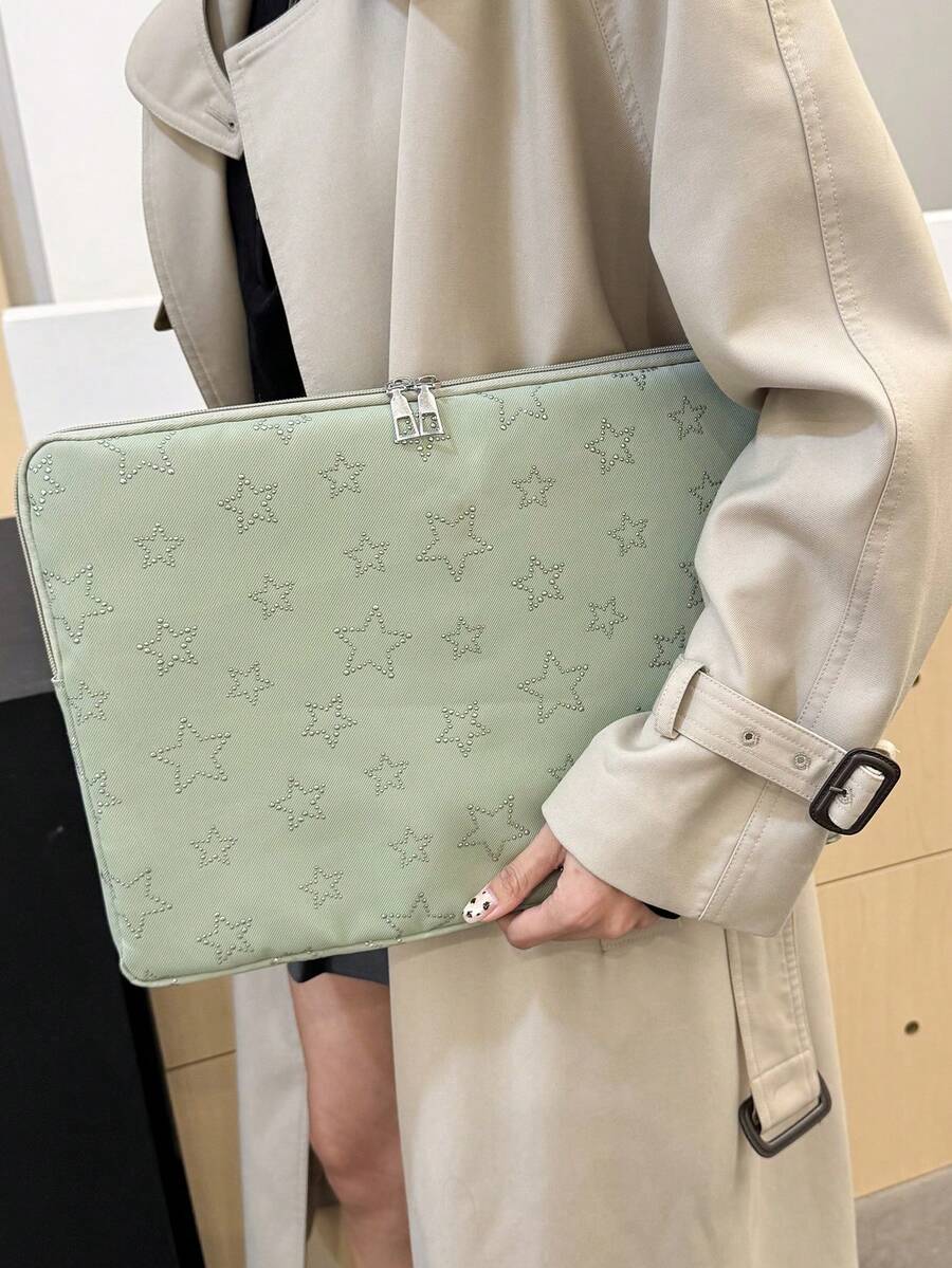 Solid Color Minimalist Luxury Star Pattern Laptop/Tablet Sleeve, Multi-Size Laptop Case Laptop Sleeve Laptop Cover Computer Bag Laptop Bag Water Resistant Travel Essentials - Green - View 1