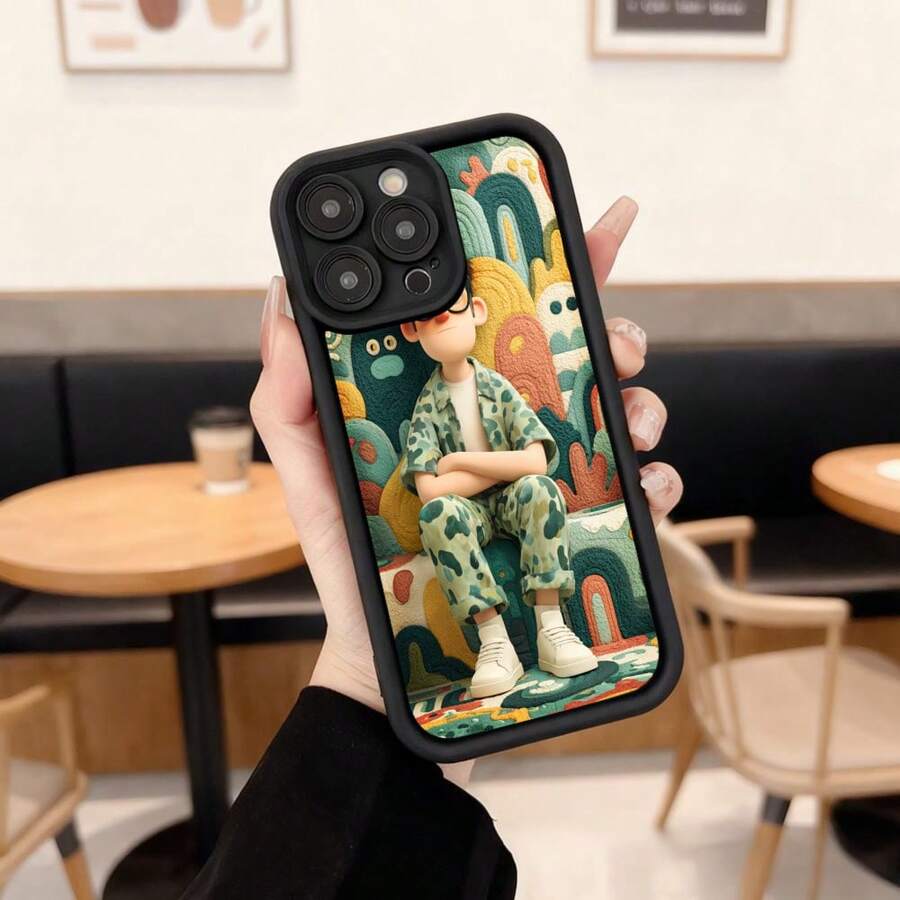 Cubierta de telefono con borde negro diseño de personaje sentado en paisaje colorido estampado vibrante para uso diario en cafeterias y espacios urbanos Aplicable a los teléfonos de la serie Apple y Galaxy - Burdeos - Ver 1