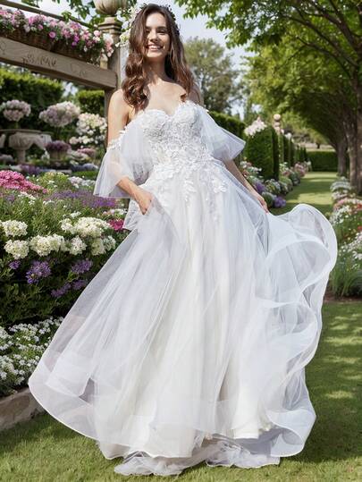 Ivory Off Shoulder Tulle Wedding Dresses For Bride With Mesh Pleated Sleeve A Line Romantic Lace Applique Wedding Dresses Long With Bone Corset