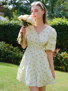 Women's Summer Vacation Floral Puff Sleeve Tie Waist Backless Dress - Green - View 6