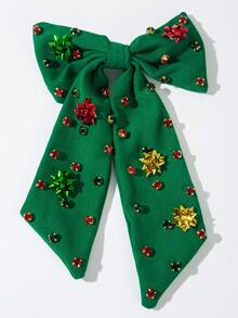 1pc Fashionable Christmas Element Bow Hair Clip, Women PET Material Flower Decor Spring Clip With Rhinestone & Pearl, Holiday Party Essential Accessory, Claw Clips, Hair Slide, Hair Barrettes, Hair Accessories - متعدد الألوان - مشاهدة 7