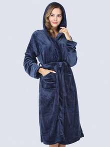 1pc Women's Minimalist Solid Color Thick Flannel Hooded Robe, Warm And Suitable For Home Use In Autumn/Winter - Navy Blue - View 3