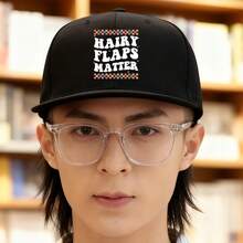 A trendy men's fashion cap with a modern "HAIRY FLAPS MATTER" printed in a checked pattern on a black base. graphic print ball cap fashionable visual unisex flat bill cap Baseball cap snapback duckville cap large head around breathable duck cap low cap haphop baseball cap low cap snapback cap snapback cap small head around sports baseball cap retro - ブラック - チェックする 1