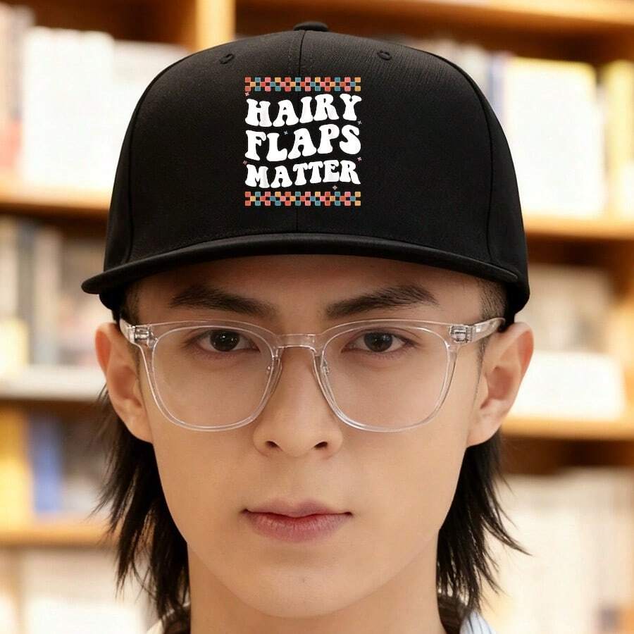 A trendy men's fashion cap with a modern "HAIRY FLAPS MATTER" printed in a checked pattern on a black base. graphic print ball cap fashionable visual unisex flat bill cap Baseball cap snapback duckville cap large head around breathable duck cap low cap haphop baseball cap low cap snapback cap snapback cap small head around sports baseball cap retro - ブラック - チェックする 1