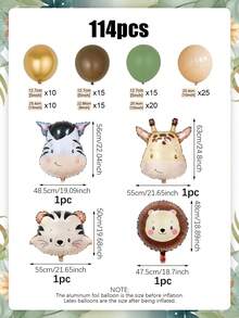 114pcs Jungle Wild Animal Party Decorations, Including Zebra, Tiger, Lion, Giraffe Foil Balloons, Green, Yellow, Skin-Tone, Khaki Latex Balloons, Suitable For Animal Theme Birthday Party Decor, Jungle Party Decor, Baby Shower Party, Wild Forest Animal Zoo Theme Party Atmosphere Photography Props, Indoor And Outdoor Photography Props - Multicolor - View 2