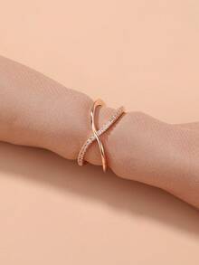 Nooxian 1pc Rose Gold Plated Double Layer Criss-Cross Cubic Zirconia Adjustable Copper Ring For Women - Rose Gold - View 3