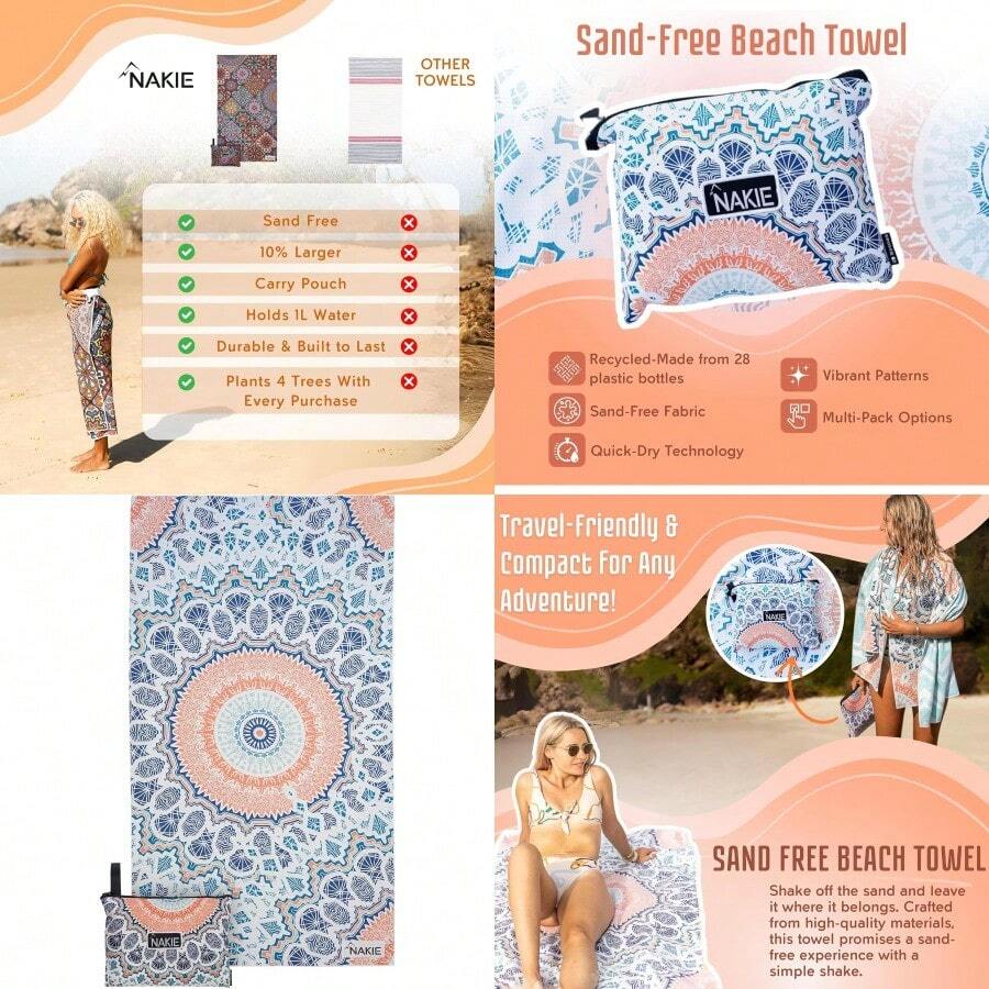 Nakie Beach Towel - Perfect For Beach Swimming Camping Sand Free Super Absorbent Fast Drying Compact Lightweight. Made From  Plastic Bottles - Free Bag Included Sound Of Summer - SoundofSummer - View 1