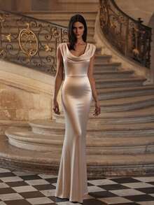 Basrey New Elegant Solid Color Waist Tie V-Neck Open Shoulder Mermaid Maxi Dress, Suitable For Weddings, Parties, Galas And Other Occasions Spring - Champagne - View 7