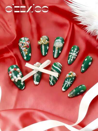 Original Design, Handmade, Press On Short Nail Tips (10pcs) - Christmas Manicure Set, Green 3D Christmas Tree And Wreath Design, Adorable Bow Design, Pure Hand-Painted Snowflakes And Ribbons, Sparkling Effect, Red Press-On Nail Tips, Novel Solid Color Design, 3D Bow Metal Decorations - Quick Manicure Set. Cute Style, Perfect Match For Christmas Outfits. Transform Your Look With Artistic Nails. Ideal For Small Makeup Travel Bags.