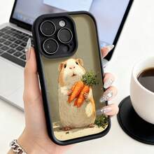 Cubierta de teléfono con borde negro para iPhone 14 Pro Max con diseño de hámster sosteniendo zanahorias color beige ideal para uso diario y trabajo en oficina - Burdeos - Ver 1