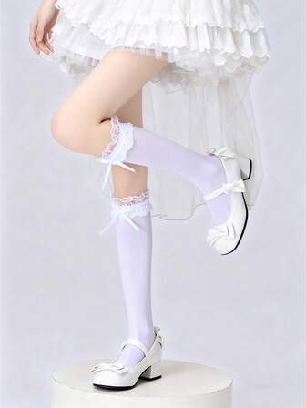 1 Pair Women's Solid Color Thigh High Socks | Adorable Lace Trim, Bow Decor, Hollow Design, Lightweight, Comfortable And Warm, Suitable For Daily Commute