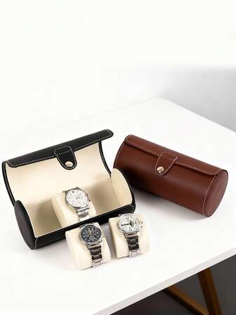 1ชิ้น กล่องเก็บนาฬิกากันฝุ่นทรงกระบอก, กล่องใส่นาฬิกาข้อมือแบบพกพาเรียบง่าย, กล่องนาฬิกาหนัง