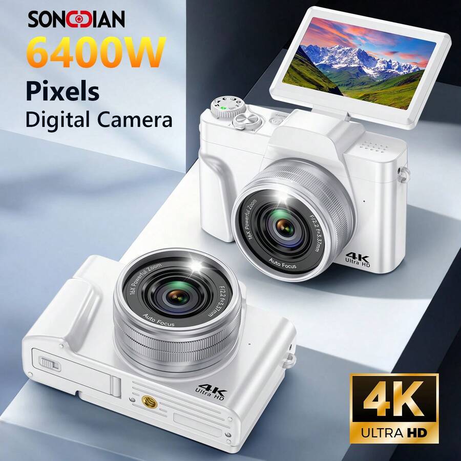SONGDIAN 6400万像素4K数码相机，小巧便携，CCD传感器，16倍数码变焦，3英寸液晶屏，即时打印，适合摄影初学者，具备拍照、录像和网络摄像头功能。2025升级版，配备850mAh大容量电池，是毕业、感恩节和圣诞节的完美礼物（附赠64GB存储卡）。