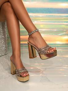 Women's New Summer Fashion Gold Half-Back High Heel Sandals For Outings And Party Wear (Random Rhinestone) - Gold - View 3