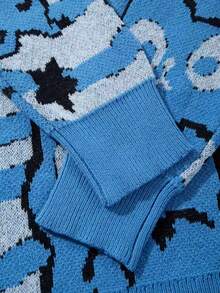Men's Casual Loose Kitten Graphic Knit Sweater, Crew Neck Long Sleeve Pullover, Streetwear For Autumn/Winter - Blue - View 8