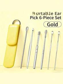 1PC Portable Ear Wax Removal Set With 6-Piece Spiral Spring Ear Cleaner Tools, Compact Travel Ear Care Kit, Gentle Stainless Design For Home Trips Holidays Parties, Gift For Women Moms Daughters Friends Kids Couples, Jewelry-Inspired Detailing, Washable & Durable Accessory - Màu vàng - Xem 4