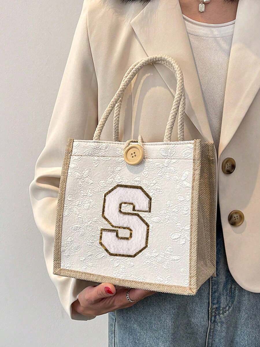 Sac fourre-tout avec motif de lettre brodé, sac fourre-tout en lin imprimé, petit sac fourre-tout en lin avec décoration de bouton floral, sac fourre-tout minimaliste grande capacité, sac de rangement casual portable, sac de courses multifonctionnel, nouveau design, grande capacité, convient pour le shopping - Multicolore - Voir 1