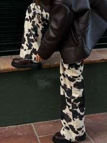 Women's Cow Print Straight Leg Pants Y2K Baggy Streetwear Casual Trousers - màu đen - Xem 2
