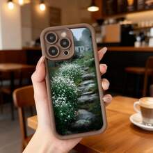 Cubierta de telefono con borde negro estampado con paisaje de camino de piedra y flores blancas para uso diario en cafeterias y espacios interiores Aplicable a los teléfonos de la serie Apple y Galaxy - Negro - Ver 4