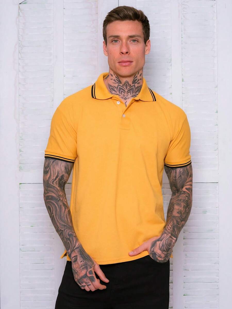 Lucky Star Modas Men's Striped Polo Shirt In Piqué Knit - Mustard Yellow - View 1