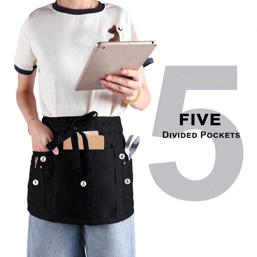 1 chiếc tạp dề 5 túi, tạp dề ngắn cho phục vụ bàn có dây buộc dài, phù hợp cho cả nam và nữ, dùng trong nhà bếp, nhà hàng, v.v. - D-xanh - Xem 1