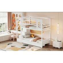 Bunk Bed For Children, 90*200cm, Solid Wood Double Bed, House Shape With Windows, Safety Fence Design, With Storage Drawers And Safety Ladder, Wood Color - 白色2 - 查看 5