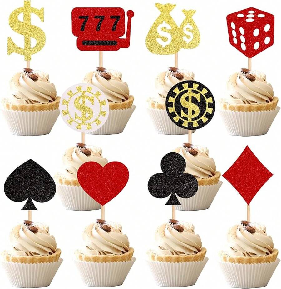 24 PCS Casino Poker Cupcake Toppers For Birthday Party Decorations - Design 2 - 查看 1