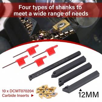 10片 DCMT070204 硬质合金刀片 + 4个 12mm 车床镗杆车削刀架，适用于车床车削机床配件套装