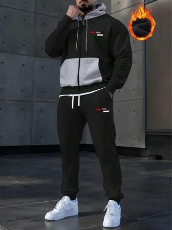 Herr höst/vinter fleecefodrad jacka och byxa set, Paris bokstavstryck kontrastfärgblock dragkedja med huvtröja, casual sportiga resår i midjan och dragsko långbyxor, moderiktig streetwear, pendling, utomhus, högtidsgåva till make/pojkvän