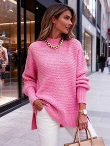 Women's Mock Neck Knitted Sweater  Multi-Color Oversized Textured Pullover, Cozy Fall Winter Fashion Essential - Pink - View 2