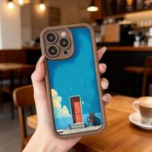 Cubierta de teléfono con borde negro y diseño azul con puerta roja y silla en escena costera para uso diario en cafeterías Aplicable a los teléfonos de la serie Apple y Galaxy - Burdeos - Ver 5