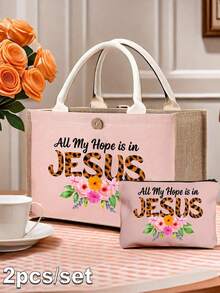 Printed With "All My Hope Is In Jesus" Leopard Print Letter & Floral Graphic Pink Linen Tote Bag With Matching Coin Purse, Stylish Large Capacity Handbag & Small Zipper Pouch, Teacher Appreciation Linen Bag, Gifts For Women, Portable Casual Storage Tote Bag, Multifunctional Shopping Bag, - Multicolor - View 2