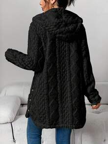New Year's And Christmas Elegant Black Faux Fur Hooded Women's Cardigan Wool Sweater - Long Sleeved, Pocket Button Mid Length Winter Coat, Warm And Fashionable Autumn And Winter Coat, Comfortable Clothing | Button Cardigan Wool Sweater | Structured Design - 黑色 - 查看 4