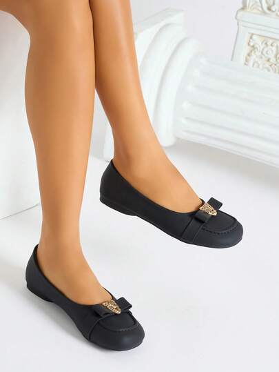 女士方头平底金属装饰花卉图案奶奶鞋，舒适芭蕾平底鞋