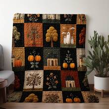 Sdoo Vintage Autumn Harvest Patchwork Flannel Blanket, Soft Warm Plush Throw With Pumpkin Ghost House Tree Print, Halloween Thanksgiving Festive Quilt For Couch Bed Camping Travel - Black - View 3