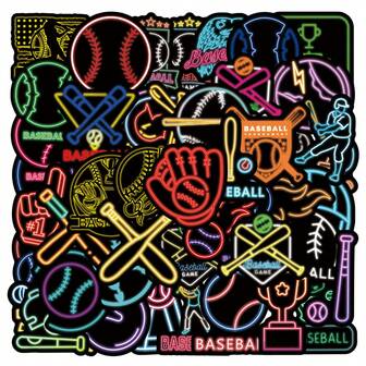 55 pegatinas estéticas de vinilo de la serie de béisbol neón, vibrantes y coloridas con varias formas, se pueden usar para decorar teléfonos, computadoras, maletas, etc.
