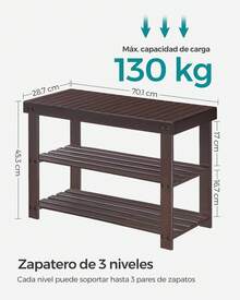 SONGMICS Banco Zapatero, Organizador para Zapatos de Bambú, 28.7 x 70.1 x 45.3 cm, para Sala de Estar, Dormitorio, Marrón - Marrón rojizo - Ver 2