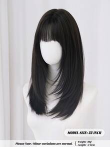 22英寸层次感中长假发，棕色中长假发带刘海，高品质自然蓬松柔软耐热合成纤维假发配件，适合日常办公或上学佩戴，也适合音乐节派对佩戴，是送给女孩的礼物。 - 黑棕色 - 查看 3