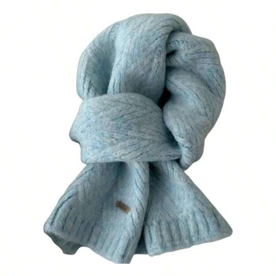 Bufanda de punto de lana de alpaca de color slido para mujer, clida envoltura de hombro verstil accesorio de capas para otoo, invierno - Azul - Ver 1