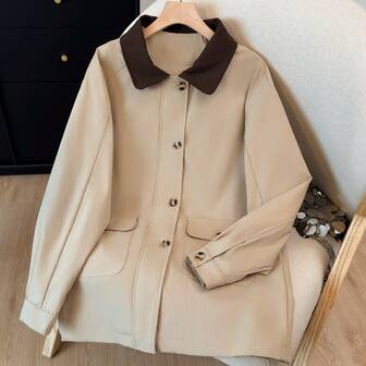 Women's Retro Barn Style Winter Coat - Patchwork Collar Single-Breasted Dual Large Pockets Minimalist Outdoor Urban Casual Versatile Daily Wear