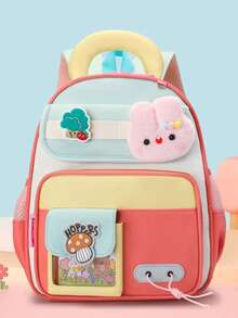 Contrast Color Backpack With Plush Rabbit 3D Decor, Mushroom Tree Patch Kindergarten Cute Schoolbag