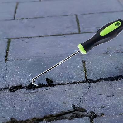 Herramienta de cultivo en forma de U de metal resistente con mango, adecuada para jardín, césped, grietas, caminos, reemplazo de juntas de ventanas, eliminación de retenes, aflojamiento de césped, reemplazo de sujetadores de pantalla de ventana, limpieza de juntas de pavimentación. Perfecta para desyerbar y limpiar el suelo. No se necesita batería. Accesorio de herramienta de jardín para hombres y mujeres.
