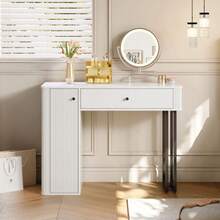 Dressing Table, Cosmetic Set With LED Mirror, 1 Drawer, 1 Door, 3-Color LED Lighting, Dimensions: W100*H116*D40cm (Without Stool) - White - View 2