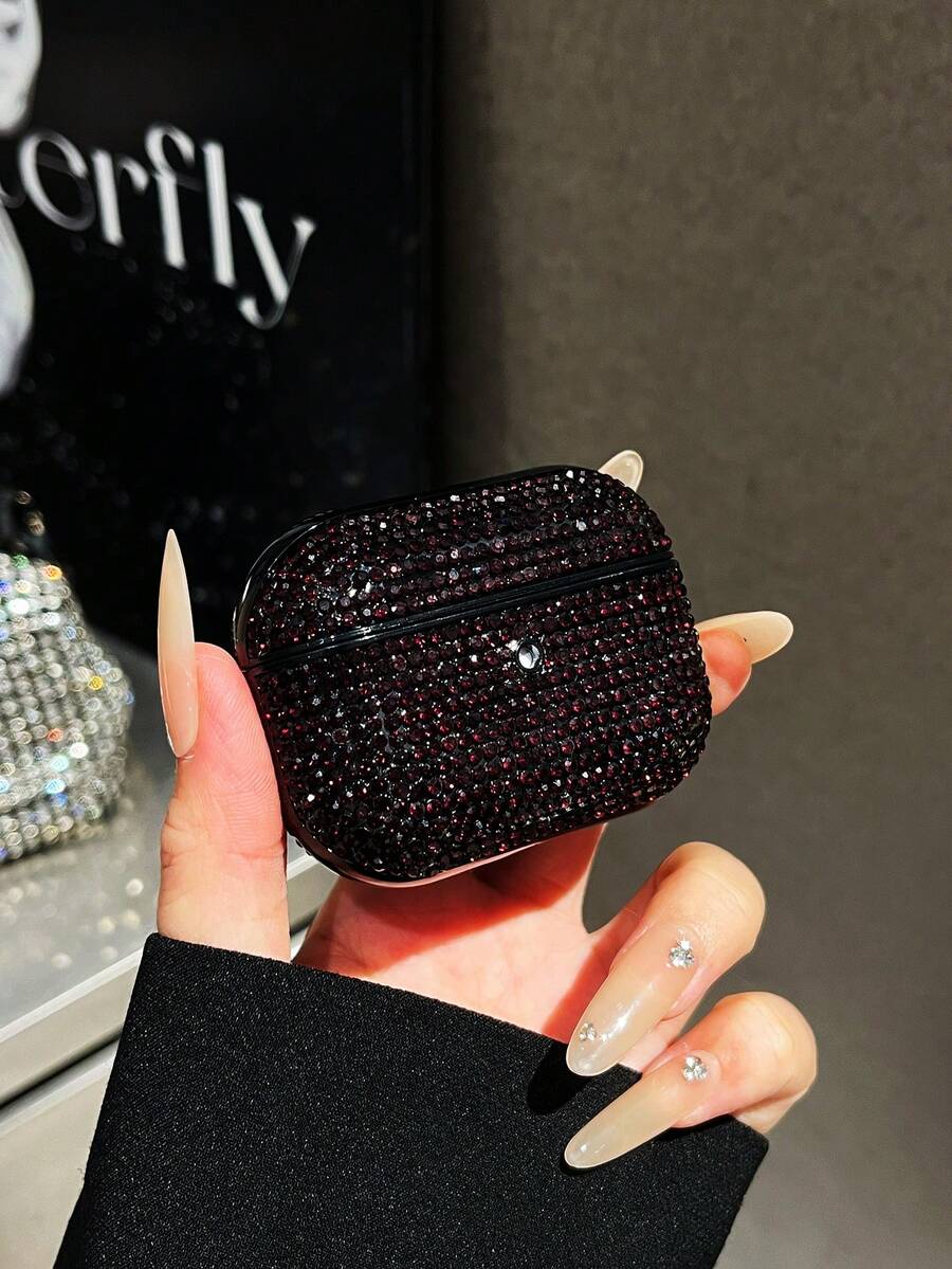1pc Black Rhinestone Bluetooth Earphone Protective Case For AirPods - 酒紅色 - 查看 1