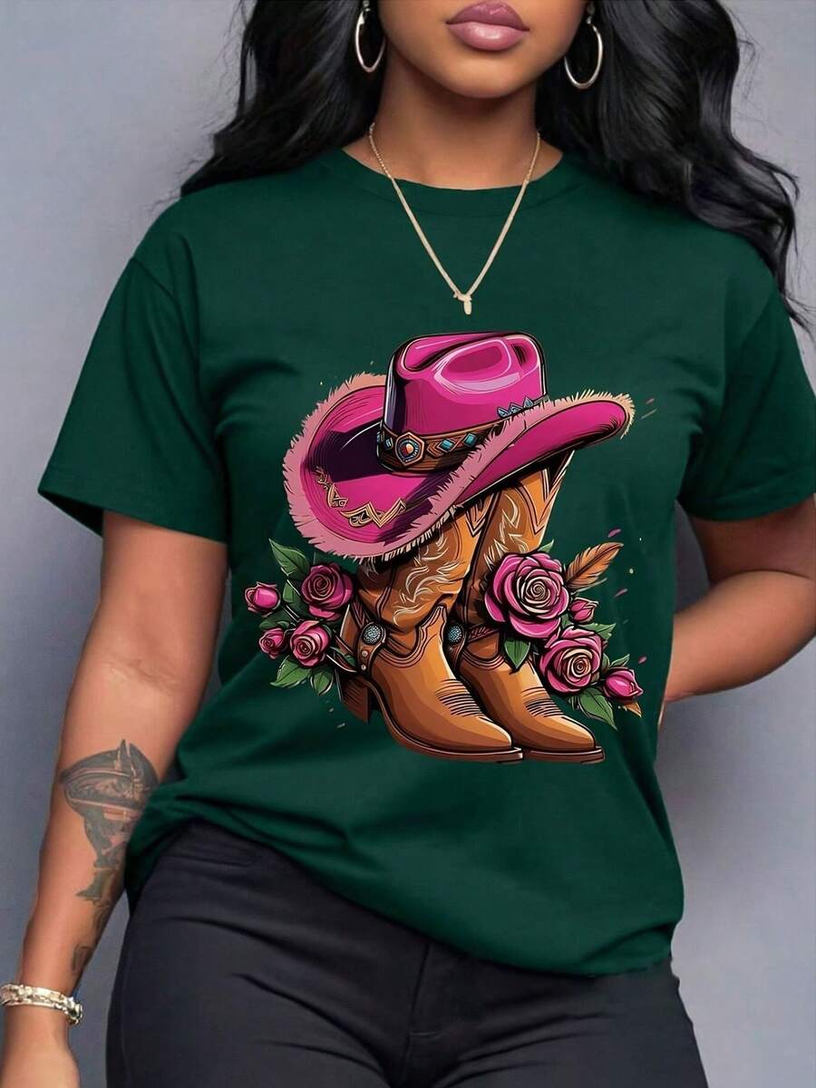 Women's T-Shirt, Boots, Hat, Pink, Cotton Blouse, Casual, Cute, Premium Knit, Short Sleeve, Round Neck Shirt - 綠色 - 查看 1